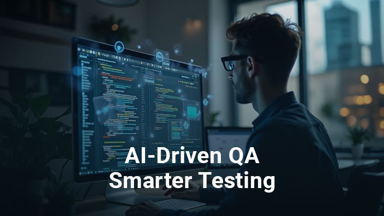 AI-driven QA testing: A software tester analyzing code on a high-resolution screen with AI-powered tools in a modern office environment.