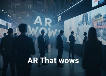 Immersive AR experience: A group of people interacting with augmented reality displays in a futuristic exhibition hall.