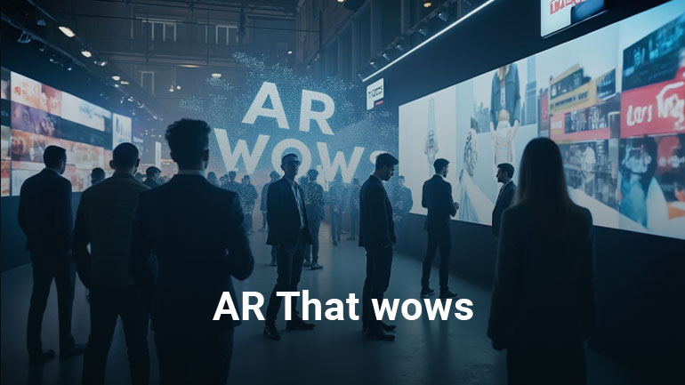 Immersive AR experience: A group of people interacting with augmented reality displays in a futuristic exhibition hall.